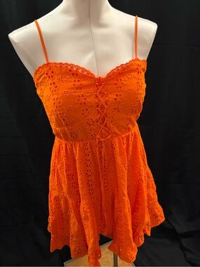Francesca's Collections Orange Eyelet Lace-Up Mini Dress